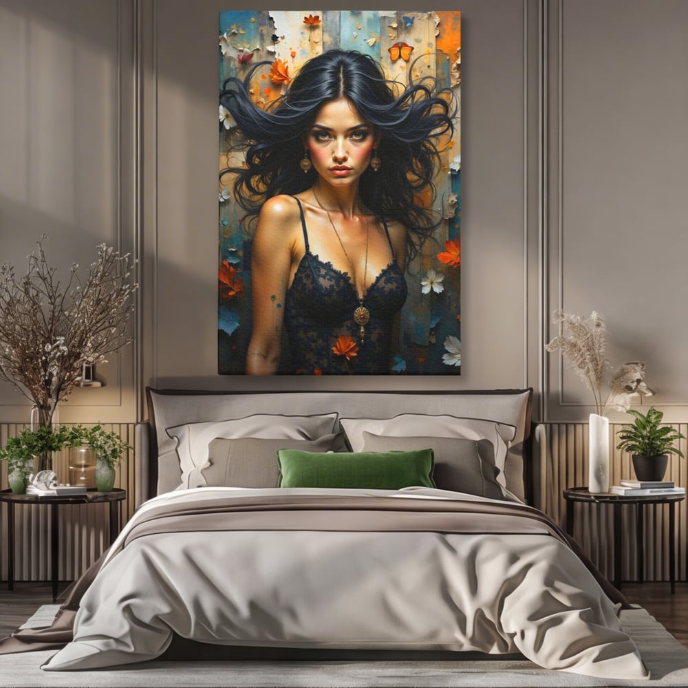 Tablou canvas cu tablou canvas cu portret de femeie par negru fluturi si frunze, fara rama, pe sasiu de lemn, pe perete intr-un dormitor